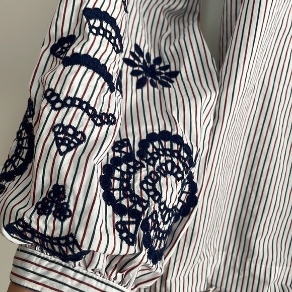 J Crew Preppy Embroidered Sleeves waist bow tie striped Poplin Shirt blouse Sz S - Picture 4 of 6